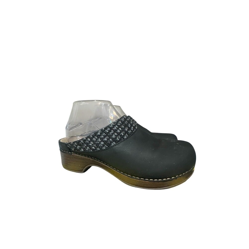 Dansko Shoes BEV Nubuck Women Size 38 US 8 Black Leather Mule Clog Woven Trim